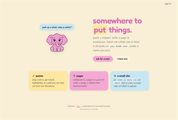 Título: Bimbooo Home - Descrição: The Bimbooo home page introduces its three ways to publish: pastes, Markdown pages, and small HTML sites.
