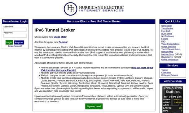 Página inicial do Hurricane Electric Tunnel Broker.