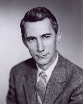 Título: Claude Shannon, autor da teoria matemática da comunicação - Descrição: Retrato em preto e branco de Claude Shannon usando terno e gravata.