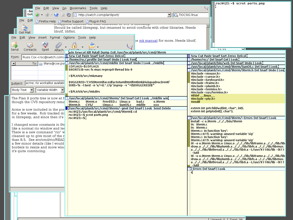 Plan9port convivendo com programas Linux. É a maneira mais simples de experimentar Acme, rc e outras ferramentas sem abandonar o sistema atual
