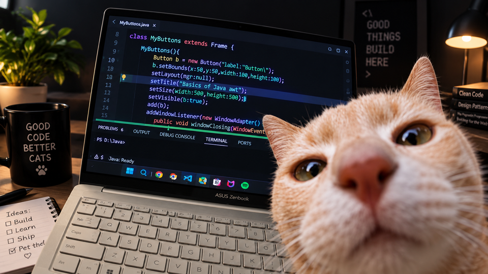 Curious cat photobombing a laptop during a late-night coding session.