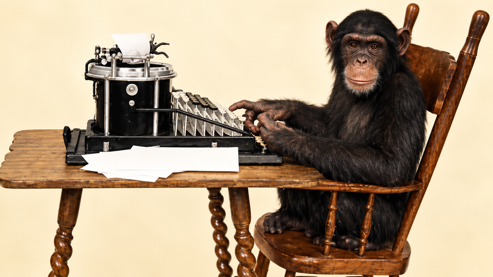 A chimpanzee seated at a wooden desk, typing on a vintage typewriter with blank sheets of paper scattered nearby.