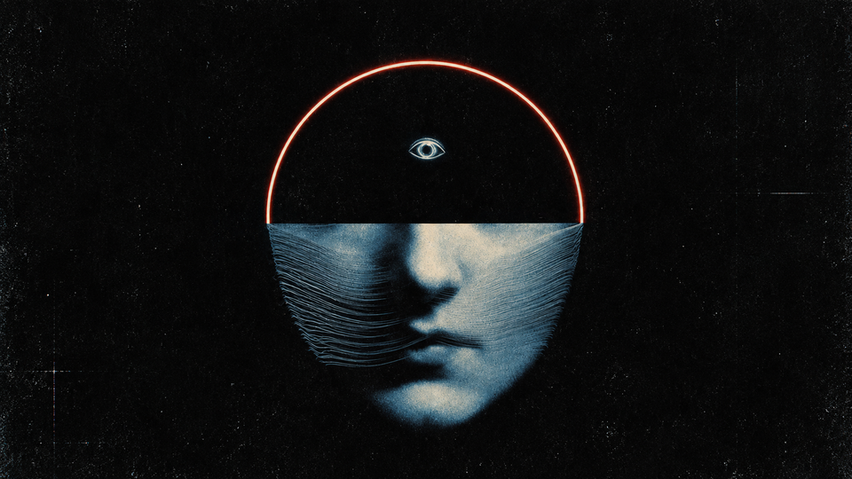 A surreal blue-toned face emerges from darkness beneath a glowing red semicircle.
