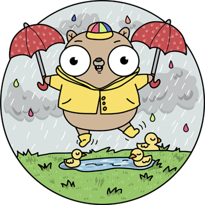 The restic logo: a cartoon gopher in a yellow raincoat holding two red umbrellas in the rain, with ducklings in a puddle below