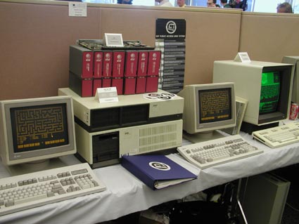 SDF's 1990s setup of AT&T 3B2 minicomputers and terminals, shown at the Vintage Computer Festival in 2003