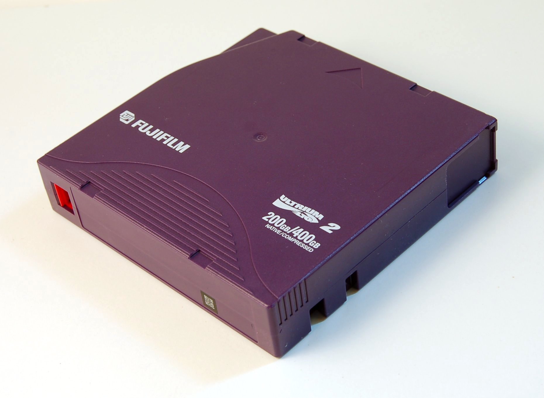A purple Fujifilm LTO-2 Ultrium backup tape cartridge, 200 GB native, 400 GB compressed