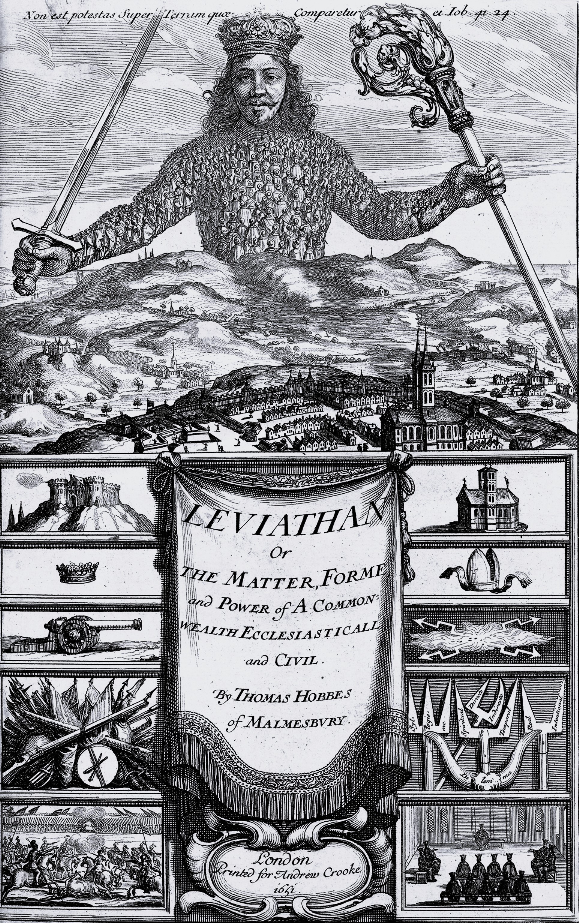 Frontispiece of Thomas Hobbes' Leviathan (1651): a crowned giant holding a sword and a crozier rises over a landscape, his body made of hundreds of tiny people
