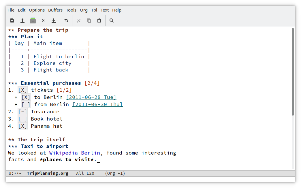 An Org mode file in Emacs with headings, TODO items and dates planning a short trip