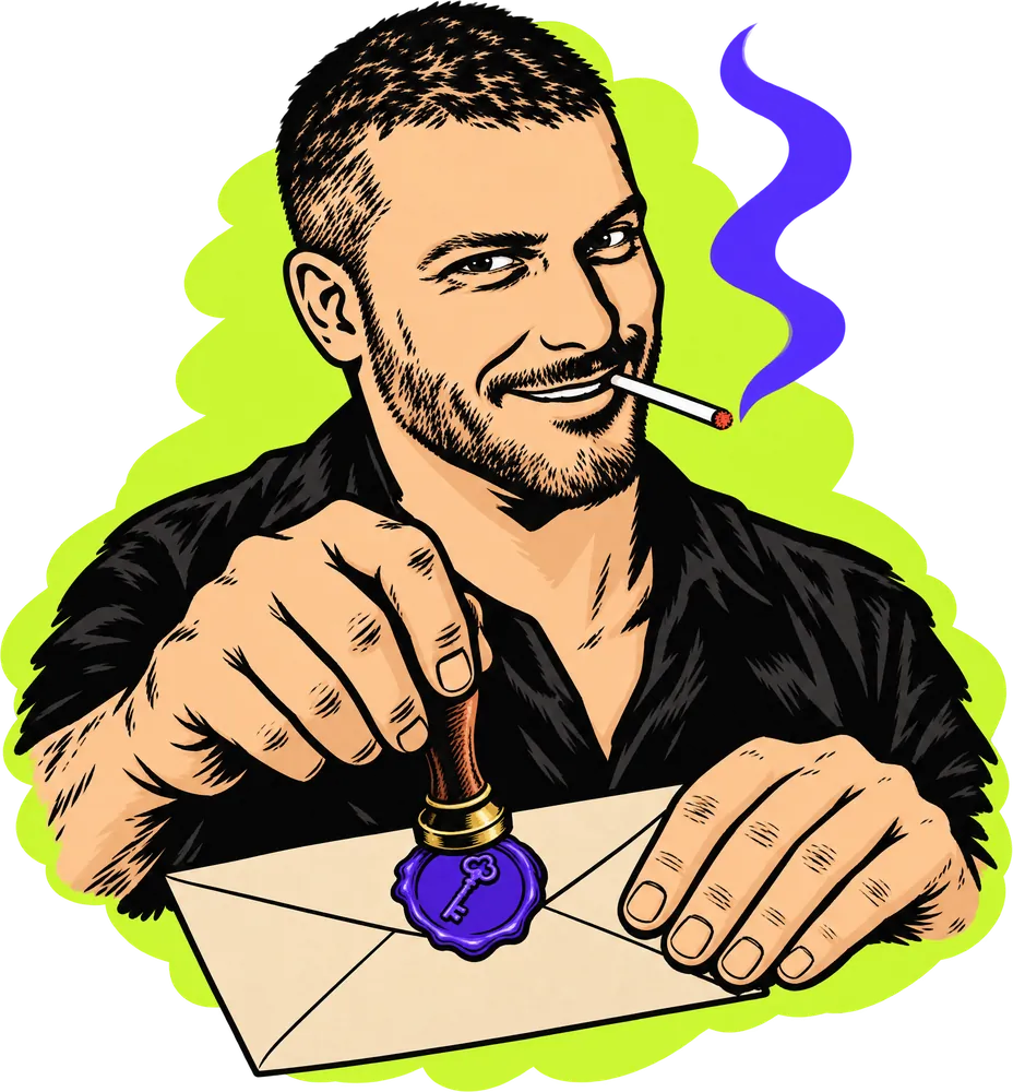 Pablo, drawn in ink, sealing an envelope with a key-shaped wax seal.