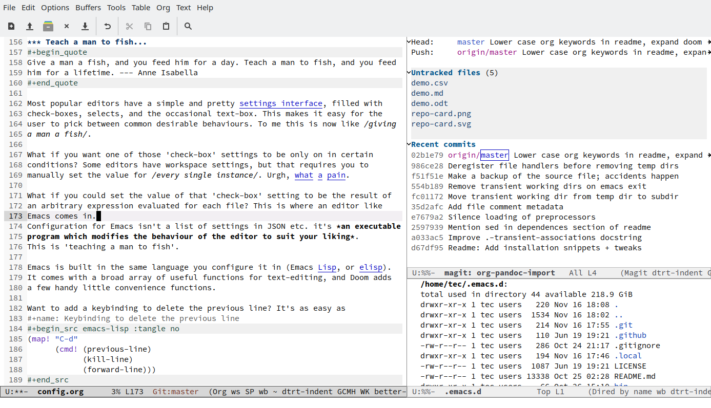 Emacs with three windows open: an Org document, the Magit Git interface and a Dired file listing, in a light theme