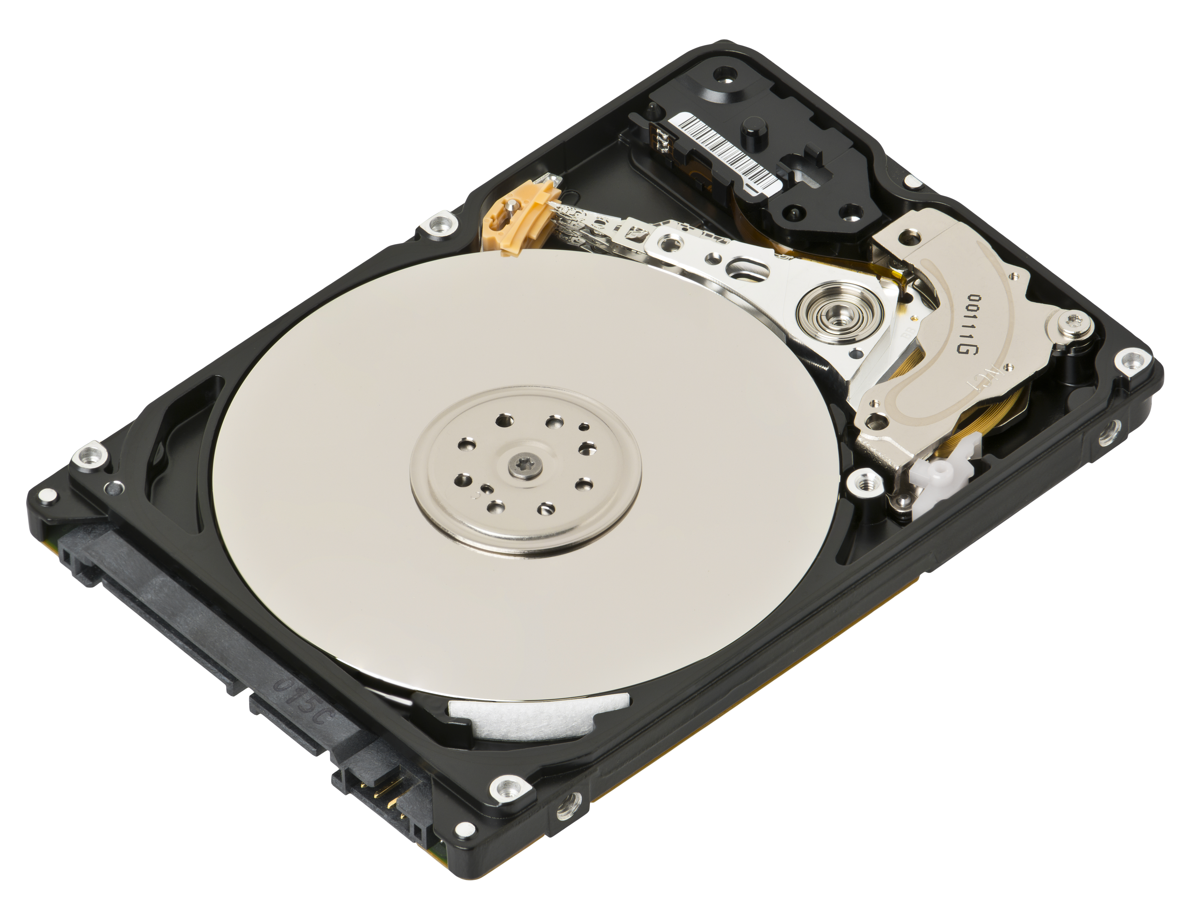An opened 2.5-inch laptop hard drive showing its silver platter and the read/write arm