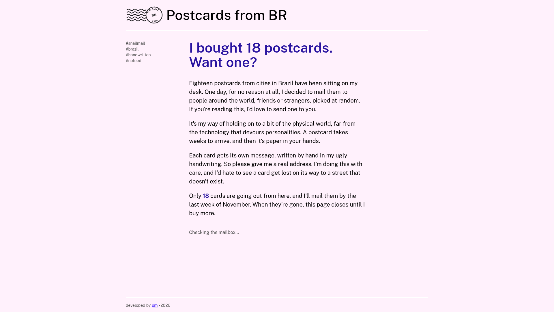 The Postcards from BR page at cards.pablomurad.com, with a postmark logo and the title "I bought 18 postcards. Want one?" above a short text about mailing handwritten cards from Brazil