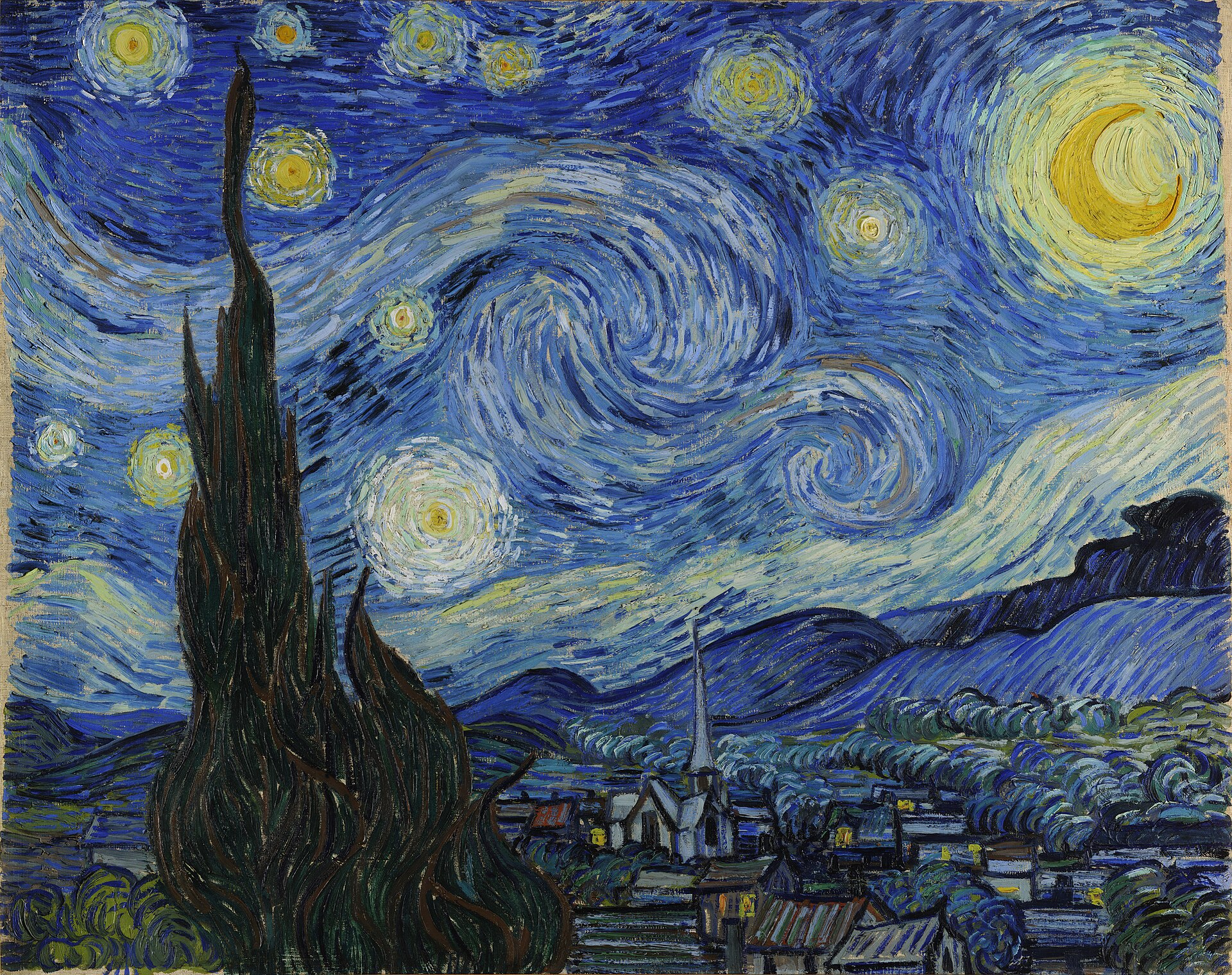 Vincent van Gogh's The Starry Night (1889): swirling blue night sky with bright stars and a crescent moon over a small village, a dark cypress in the foreground