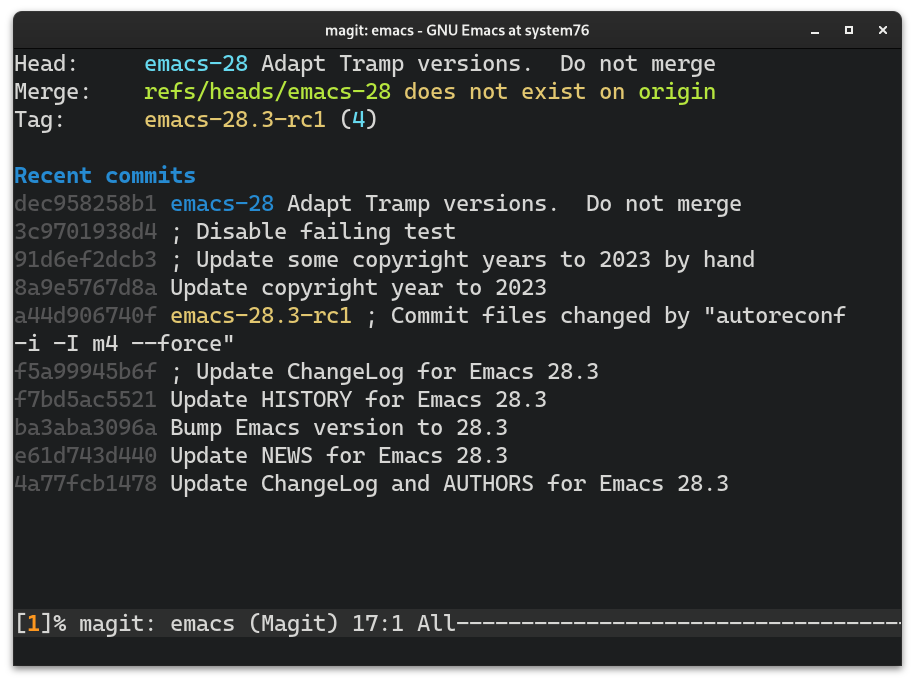 The Magit status buffer in Emacs, listing changed files and staged changes of a Git repository