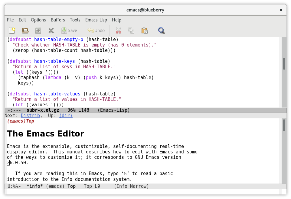 GNU Emacs window showing several buffers side by side, with code, a file directory and an Org document